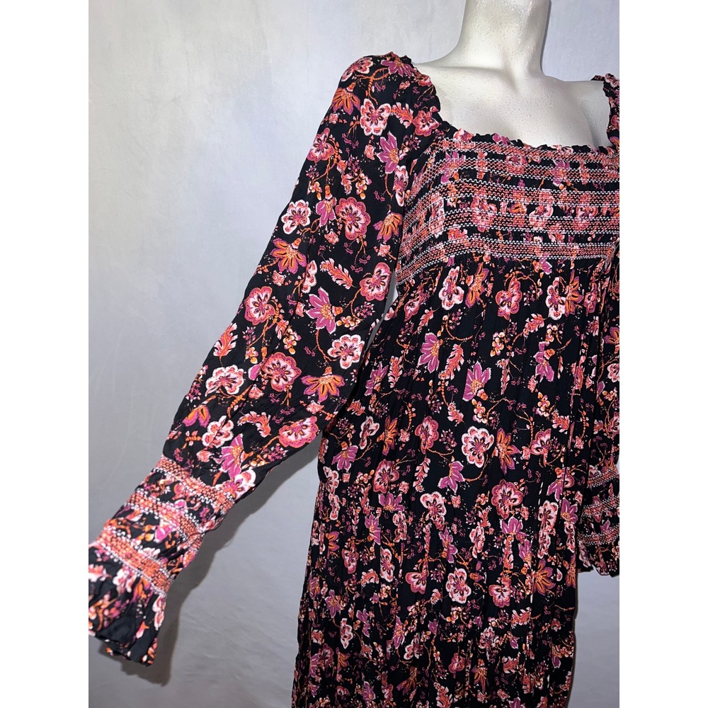 Free People Womens Smocked Floral Midi Dress Black Pink Long Sleeve Size M Boho - Picture 3 of 8